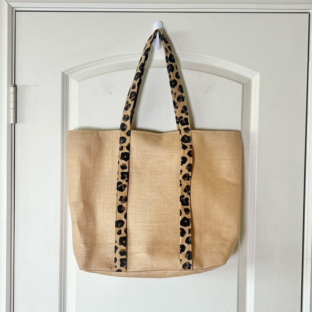 Mud Pie Straw Beach Tote Bag Leopard Print Straps with Sun Hat Holder - Picture 6 of 9